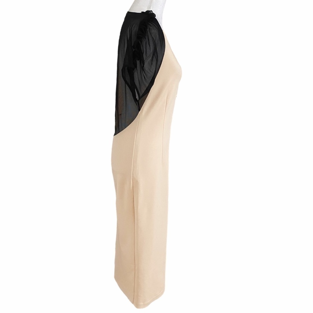 BABYLON COLLECTION CREAM BLACK CINCHED RUFFLE SHEER MESH MIDI FORMAL DRESS - L - Picture 3 of 11